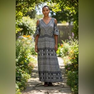 EUC Jessica Simpson Maternity Maxi Dress Size L Blue White Cold Shoulder